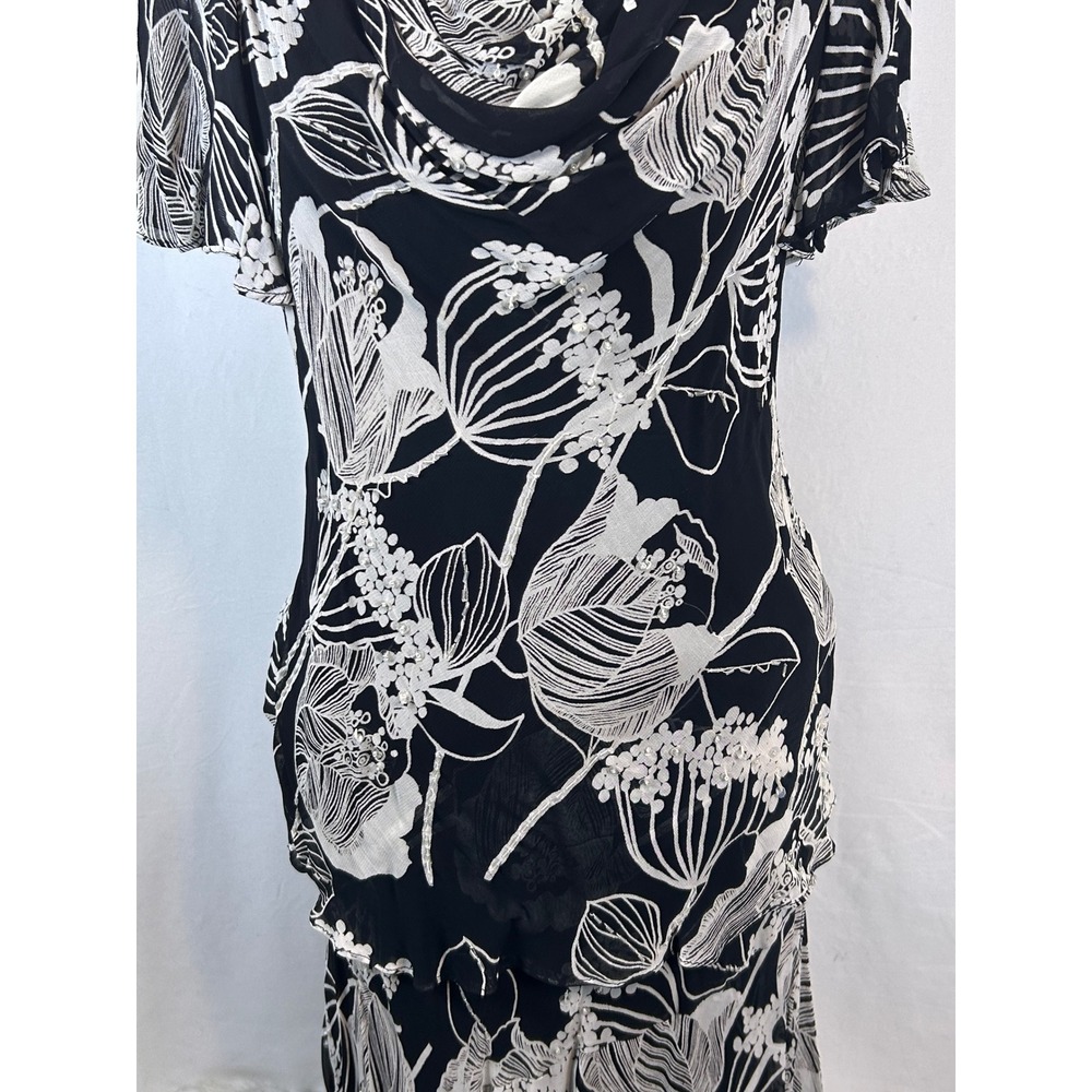 Rouge 2 Piece Gown Women Size L Black White Floral Excellent Sequin Maxi Ruffle - Picture 5 of 11